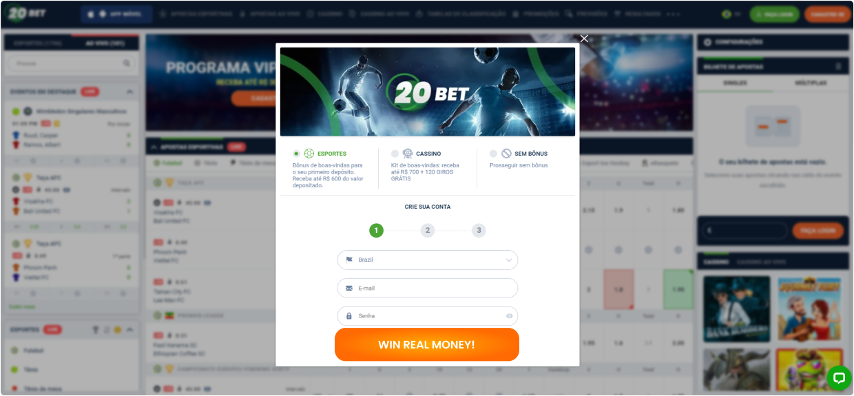 20bet Etapas de registro